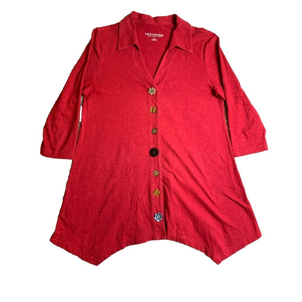 Soft Surroundings Shirt Womens Extra Small Red Danielle Oversized Lagenlook Boho